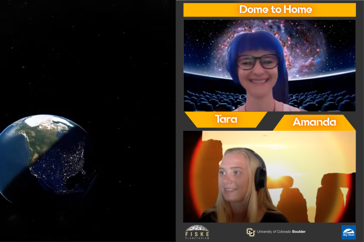 Screen capture of dome to home virtual presentation with two presenters on right and view of earth on left